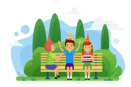 Kids celebrate birthday on a bench in the park vector illustrationのイラスト素材