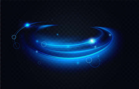 Neon blue luminous abstract light effect vector illustration. Dynamic circle moving sparkles and motion lines decoration elements, bright energy trails on transparent black backgroundのイラスト素材