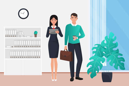 Business teamwork, businesspeople standing together vector illustration. Cartoon young businessman holding paper cup with coffee and briefcase, girl working with tablet in office interior backgroundのイラスト素材