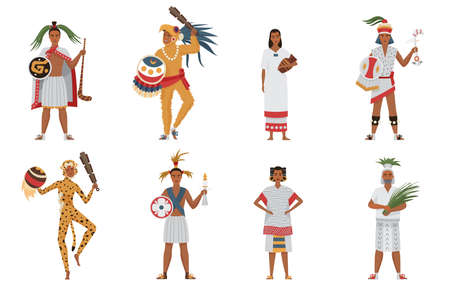 Aztec tribe people of ancient civilization set vector illustration. Cartoon man woman characters in traditional clothes and headgear holding weapon or ritual objects collection isolated on whiteのイラスト素材