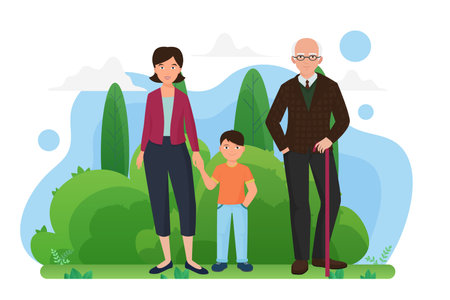 Family people walk in summer city park together vector illustration. Cartoon young mother holding...