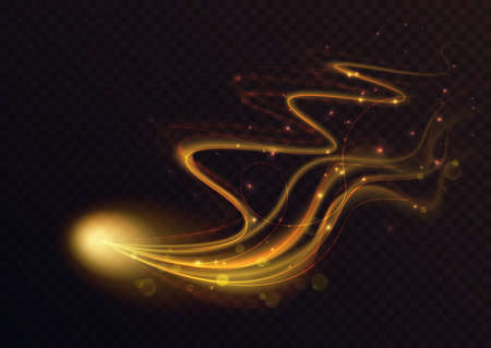 Golden flying star light effect, curve trail lines shine and glow vector illustration. Abstract magic fantasy gold waves fly, glowing tail of stardust with bokeh and sparkle particles backgroundのイラスト素材