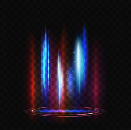 Light effect of abstract futuristic teleport portal for travel in future vector illustration. Magic blue red glow of circular energy 3d transport tunnel with glowing shiny particles on dark backgroundのイラスト素材