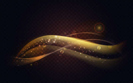 Abstract golden shining lines light rays wave effect vector illustration. Bright shiny curve swirl trail, bokeh lens flare, glossy gold luxury wavy decoration in dynamic motion on dark backgroundのイラスト素材
