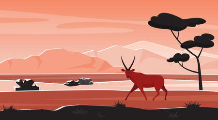 Africa wild nature landscape with African animal at sunset vector illustration. Cartoon abstract geometric savanna scenery, silhouettes of trees, antelope, heat and mountains on horizon backgroundのイラスト素材