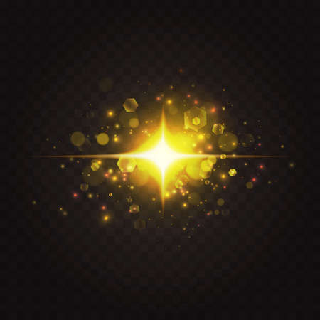 Abstract golden star sparkles, special light effect vector illustration. Abstract shiny magic explosion and lens flash glares, glow spark starlight shining with bright gold glint on dark backgroundのイラスト素材