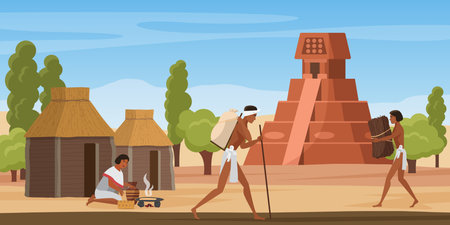 Aztec village landscape with tribe people, ancient maya civilization vector illustration. Cartoon altar pyramid building, walking mayan aztec characters among hut houses, woman cooking food backgroundのイラスト素材