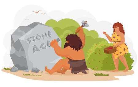 Prehistoric ancient primitive cave tribe man and woman vector illustration. Cartoon wild prehistoric caveman character sitting, writing, carving stone age inscription on rock isolated on whiteのイラスト素材