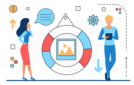 Blog content in social media, people with mobile phone and line icons isolated on whiteのイラスト素材