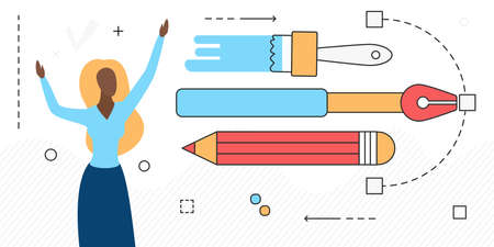 Art studio, creative artist woman character and art tools line icons isolated on whiteのイラスト素材