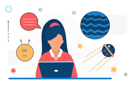 Space science research, astronomy vector illustration. Cartoon scientist woman working with laptop to explore universe, satellite planet isolated on whiteのイラスト素材