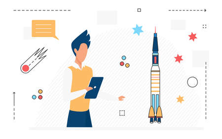 Space science research technology vector illustration. Cartoon scientist man, comet stars and flying rocket spaceship isolated on whiteのイラスト素材