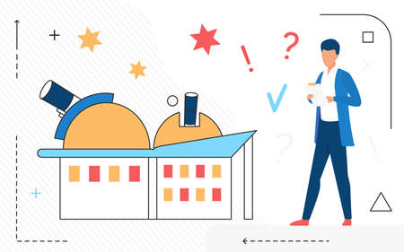 Space science modern technology vector illustration. Cartoon research center with telescopes, observatory and scientist man isolated on whiteのイラスト素材