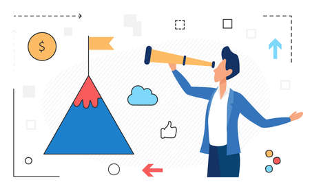 Businessman looking forward through telescope spyglass, business success vision vector illustration. Cartoon successful challenge isolated on whiteのイラスト素材