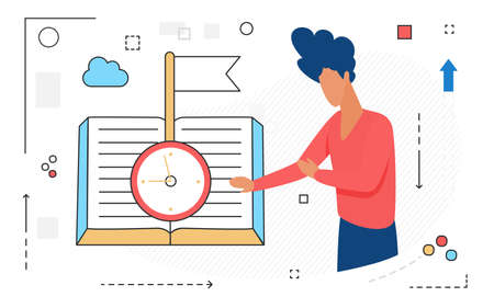 Business time management, skill and knowledge vector illustration. Cartoon manager character standing with open book, clock, target goal flag, education service with line thin icons isolated on whiteのイラスト素材