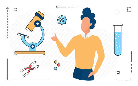 Modern science chemistry research technology concept vector illustration. Cartoon gene, microscope equipment symbol and scientist man isolated on whiteのイラスト素材