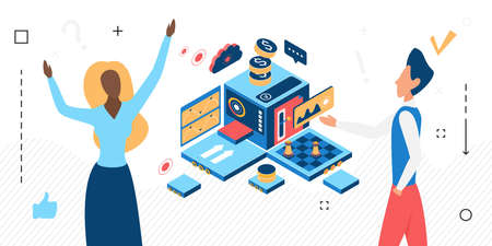 Business people work on analysis isometric vector illustration. Cartoon 3d digital finance analytics, financial research teamwork isolated on whiteのイラスト素材