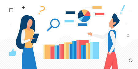 Flat style vector illustration of cartoon male and female financial specialists analyzing business results with tablet and statistics chartsのイラスト素材
