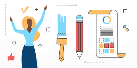 Woman designer, creating graphic illustrations for business, modern art. Identity development and visualization, vector isolatedのイラスト素材