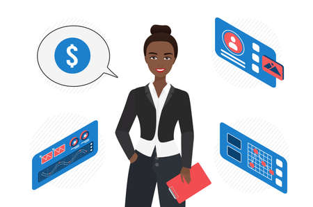 Business manager and CEO of corporate finance, accounting. Woman bank worker, monetary supervision, paying tax , vector image isolatedのイラスト素材