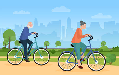 Two people ride bicycle pedaled on cityscape background, healthy lifestyle. Elderly athletes, gray-haired cyclists, flat vector imageのイラスト素材