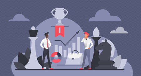 Competition between two business people to win business cup award vector illustration. Cartoon employees play chess, businessman thinking about strategy. Leadership, financial management conceptのイラスト素材