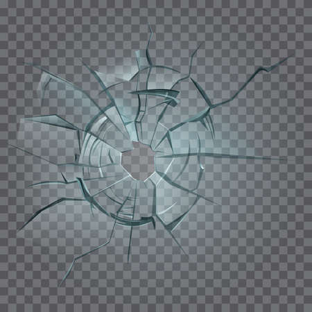 Glass crack with crash hole texture, shatters on broken window vector illustration. 3d realistic destruction, abstract accident damage from bullet shot, shattered cracked effect on windshield, mirrorのイラスト素材