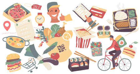 Food delivery service, grocery store set vector illustration. Cartoon takeaway meal collection with bag full of food, hand with mobile phone ordering, pizza coffee vegetables order isolated on whiteのイラスト素材