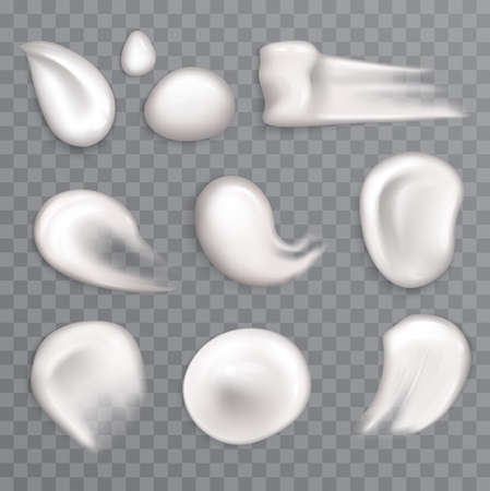 Cream drops set, white liquid splash vector illustration. 3d realistic beauty cosmetic lotion for face body skincare, skin gel or makeup fluid, creamy yogurt product droplets on transparent backgroundのイラスト素材