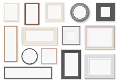 Frame set, vintage border for art work picture or photo vector illustration. 3d realistic retro decoration element, elegant frame of square, round or rectangular shape collection isolated on whiteのイラスト素材