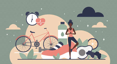 Girl choosing healthy lifestyle vector illustration. Cartoon female character practicing yoga near sport equipment, vegetables and water bottles. Healthy lifestyle, diet and weight loss conceptのイラスト素材