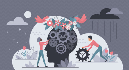 Mental health care vector illustration. Cartoon people and thinking process of human head with fly...