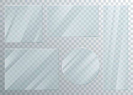 Glass window plate set with transparent effect vector illustration. 3d realistic clear glossy frame, shiny panel for showcase facade of square, round or rectangular shape collection isolated on whiteのイラスト素材