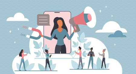 Business announcement vector illustration. Cartoon woman holding megaphone and magnet in hands, shouting community audience with mobile phones about news, discount sales. Advertisement conceptのイラスト素材