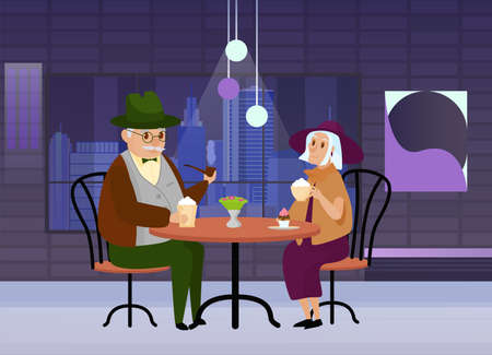 Elderly seniors couple having restaurant dinner. Relaxing retirement people spending time leisureのイラスト素材