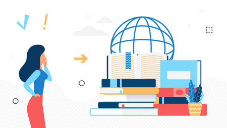 Global learning education system sourcing materials. Stack of intelligence development program booksのイラスト素材