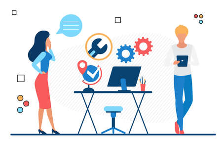 Company office workplace with equipment devices. Effective adjusted employer ergonomic workstationのイラスト素材