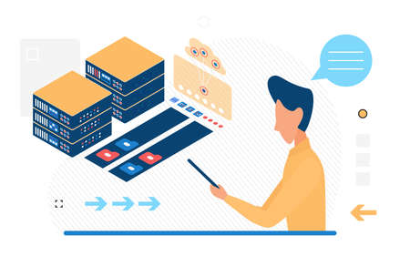Big data center storing and processing system information. It hardware infrastructure digital serverのイラスト素材