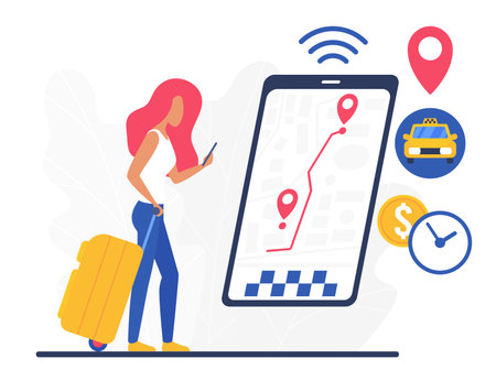 Ordering urban taxi service via mobile application. Passenger location sharing for driver cab pickingのイラスト素材