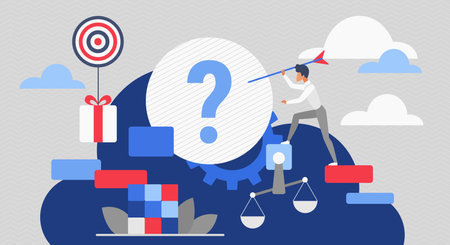 Business direction, success career goal and leaders strategy. Man making decision, throwing arrow at target after analysis of question or information and balance of risks flat vector illustrationのイラスト素材