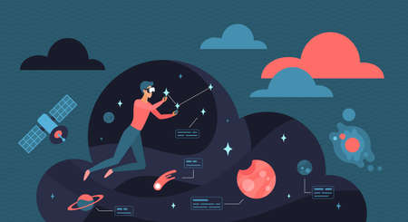 Virtual reality entertainment and education. Tiny person in VR glasses flying in cyber space to explore stars and planet, dream flight of gamer flat vector illustration. Cybersport, experience conceptのイラスト素材