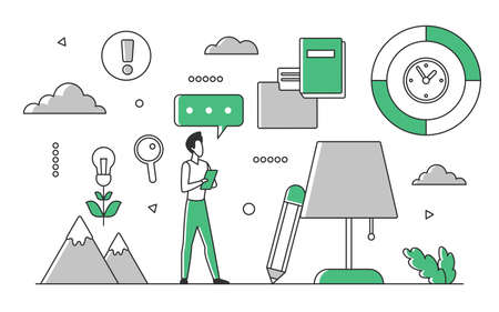 Marketing manager searching new information content. Seeking and analyzing informational resources vector monocolor illustrationのイラスト素材