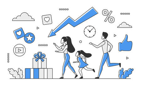 Seasonal sales with lower prices and gifts. Promotional discount and special offers vector monocolor illustrationのイラスト素材