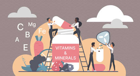 Food supplements and vitamin nutrients. Tiny people with bottle full of multivitamin capsules, fish, vegetables and fruits for body health and wellbeing alternative therapy flat vector illustrationのイラスト素材