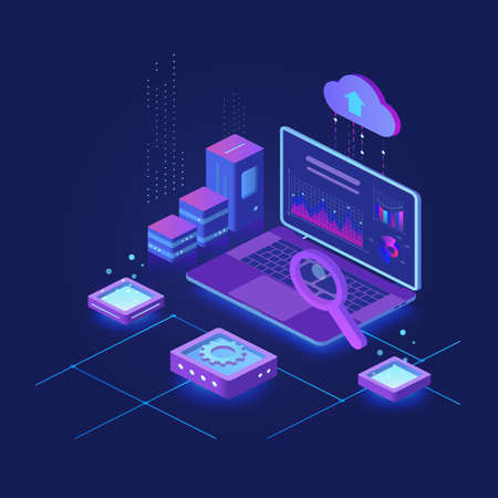 Computer magnifying and processing cloud data analysis base. Inspecting statistical graphic evolution informationのイラスト素材