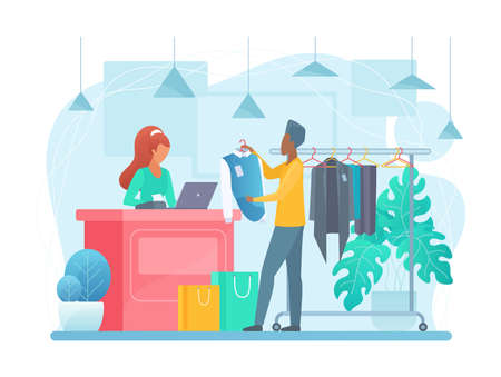 Customer in stylish clothes shopping store. Renew and refresh personal fashion style wardrobeのイラスト素材