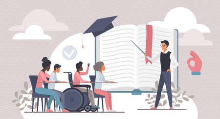 Inclusive education, special competence and pedagogue. Tiny tutor with pointer teaching diverse group of school children in classroom, people in need social adaptation flat vector illustrationのイラスト素材