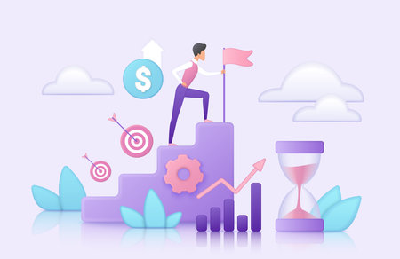 Business success, leadership and financial development. Tiny leader character climbing staircase to flag, target aim, salary or income growth creative flat vector illustration. Career goal conceptのイラスト素材