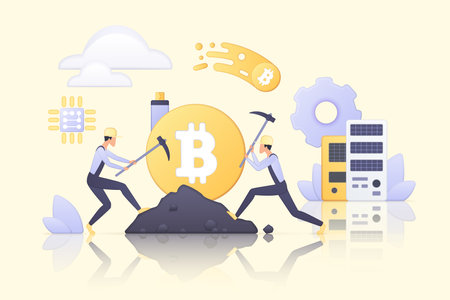 Cryptocurrency, data mining system. Tiny people work with software on servers, hardware and network, mine and trade crypto currency flat vector illustration. Blockchain, virtual money conceptのイラスト素材
