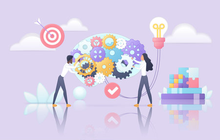 Teamwork of business people with gear and cogwheel to generate ideas. Tiny employees working with mechanism, engineering, moving wheels flat vector illustration. productivity, management conceptのイラスト素材